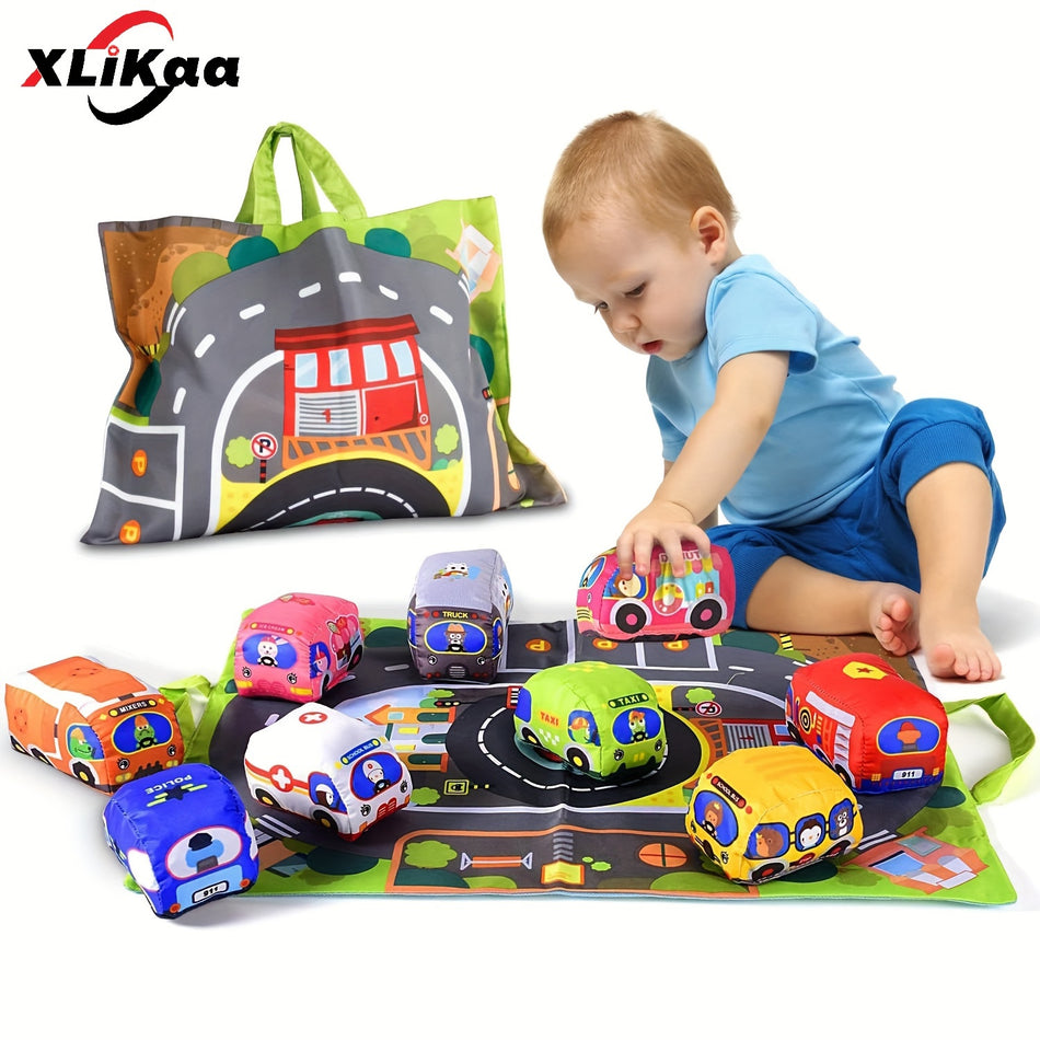 XLiKaa Soft Plush Baby Car Toy Set with Playmat and Sound Paper - Educational Vehicle Toy Collection for 0-3 Years Old - Cyprus