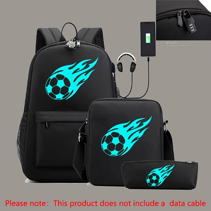 Glow-In-The-Dark Football Print 3-Piece Backpack Set - Lightweight & Spacious - Cyprus