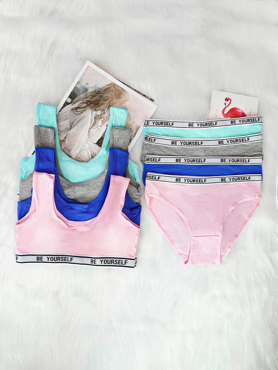 8pcs Set Cotton Girls Briefs + Bralette Simple Solid Color Letter Print Elastic Waist Girls Soft Casual Underwear Set For 12-16 Y