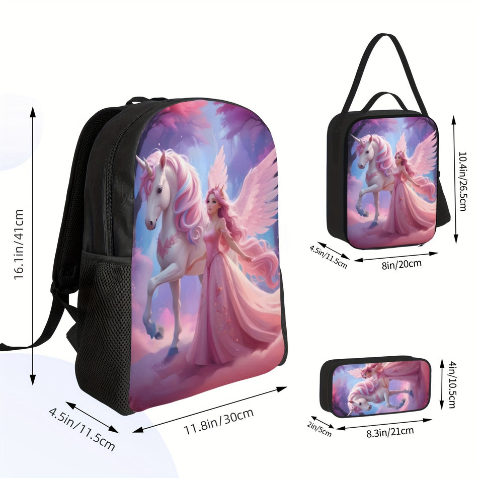 3pcs Unicorn Angel Princess Backpack Set - Large Capacity, Durable Polyester School Bag with Matching Lunch Tote & Pencil Case for Students - Cyprus.