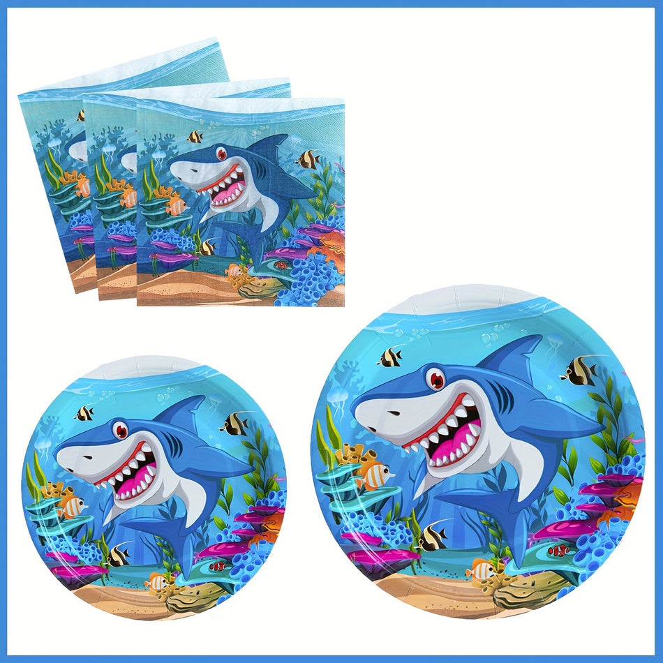 🔵 24 Konuk için Set Shark Partisi Malzemeleri - Doğum Günü Havuzu Partisi Dekorasyonu için Blue Sea Shark Sofra Takımı - Kıbrıs