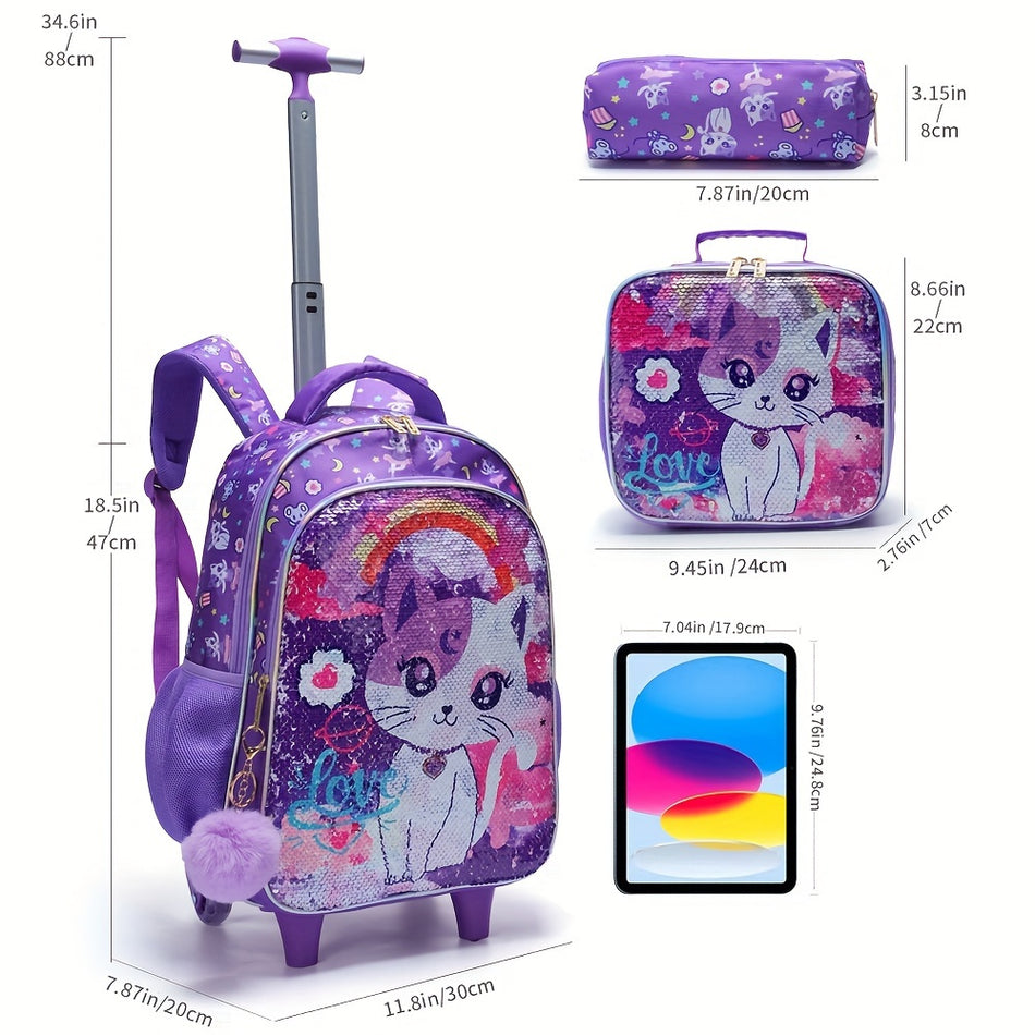 Purple Cute Cartoon Cat 3pcs Rolling Backpack Set for Girls - Cyprus