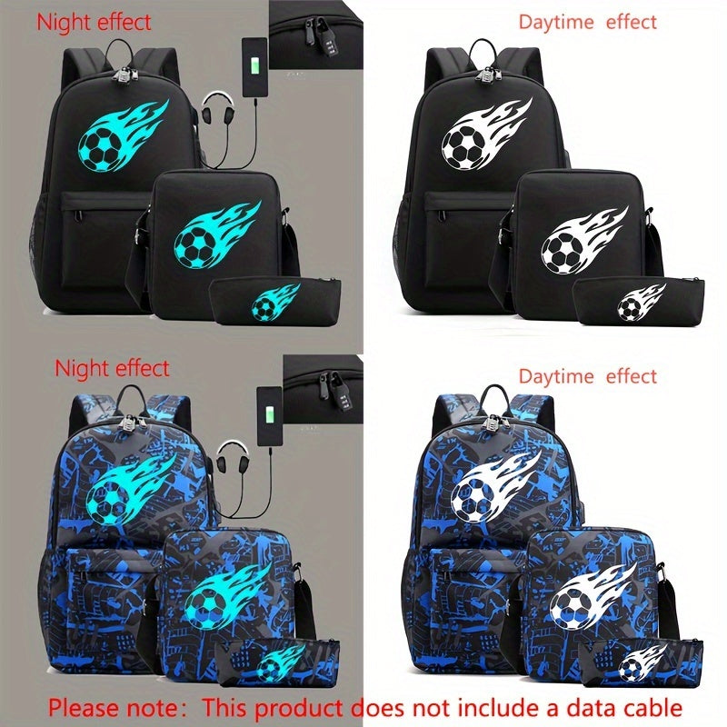 Glow-In-The-Dark Football Print 3-Piece Backpack Set - Lightweight & Spacious - Cyprus