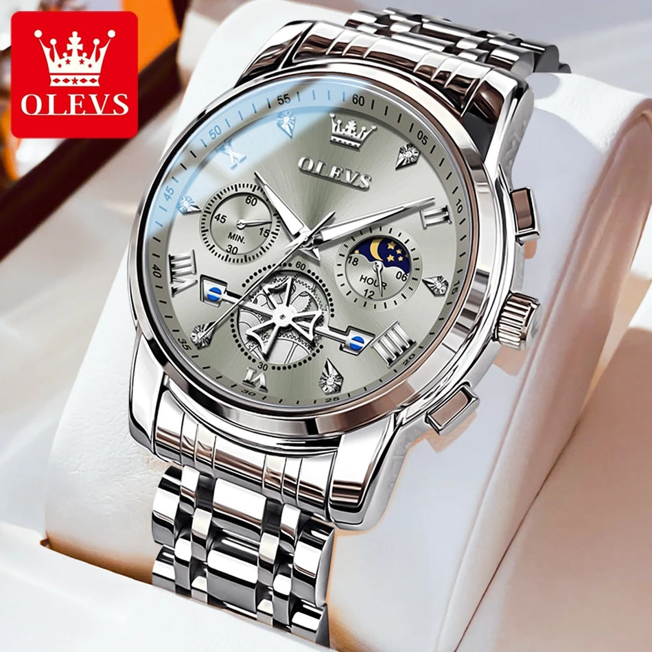 Olevs Herren Uhren klassische multifunktionale Fltwheel Chronograph Original Quarz Armbandwatch Mond Phase 24 Stunden wasserdichtes Reloja